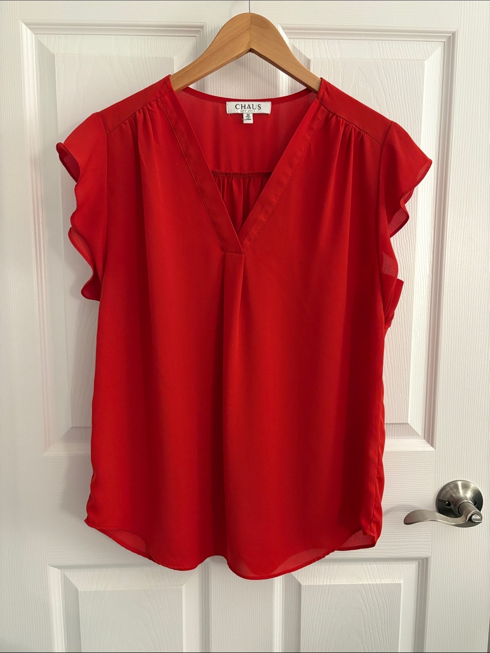 Chaus Red V-Neck Flutter Sleeve Blouse